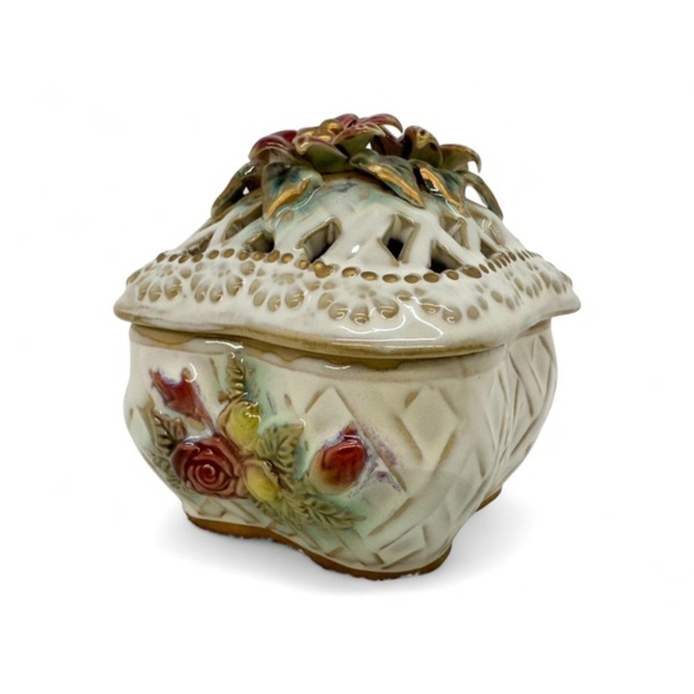 Porcelain Trinket Box Ring Ivory White With Flowers Vanity Dresser Vintage Decor